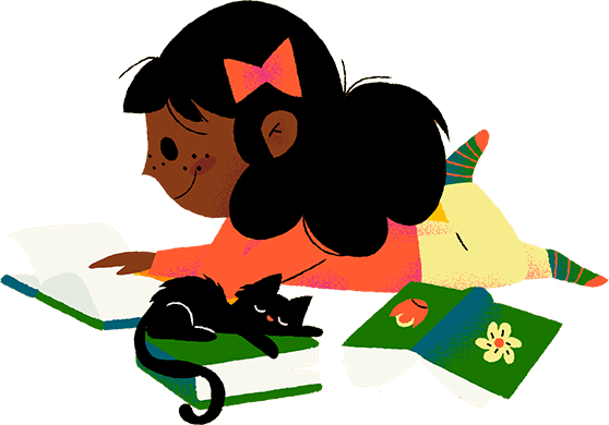 Illustration of a girl reading a book with a cat.